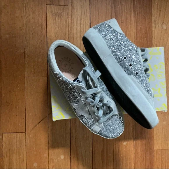 Golden Goose Silver Glitter Sneakers Fashionable Comfort Silver Star